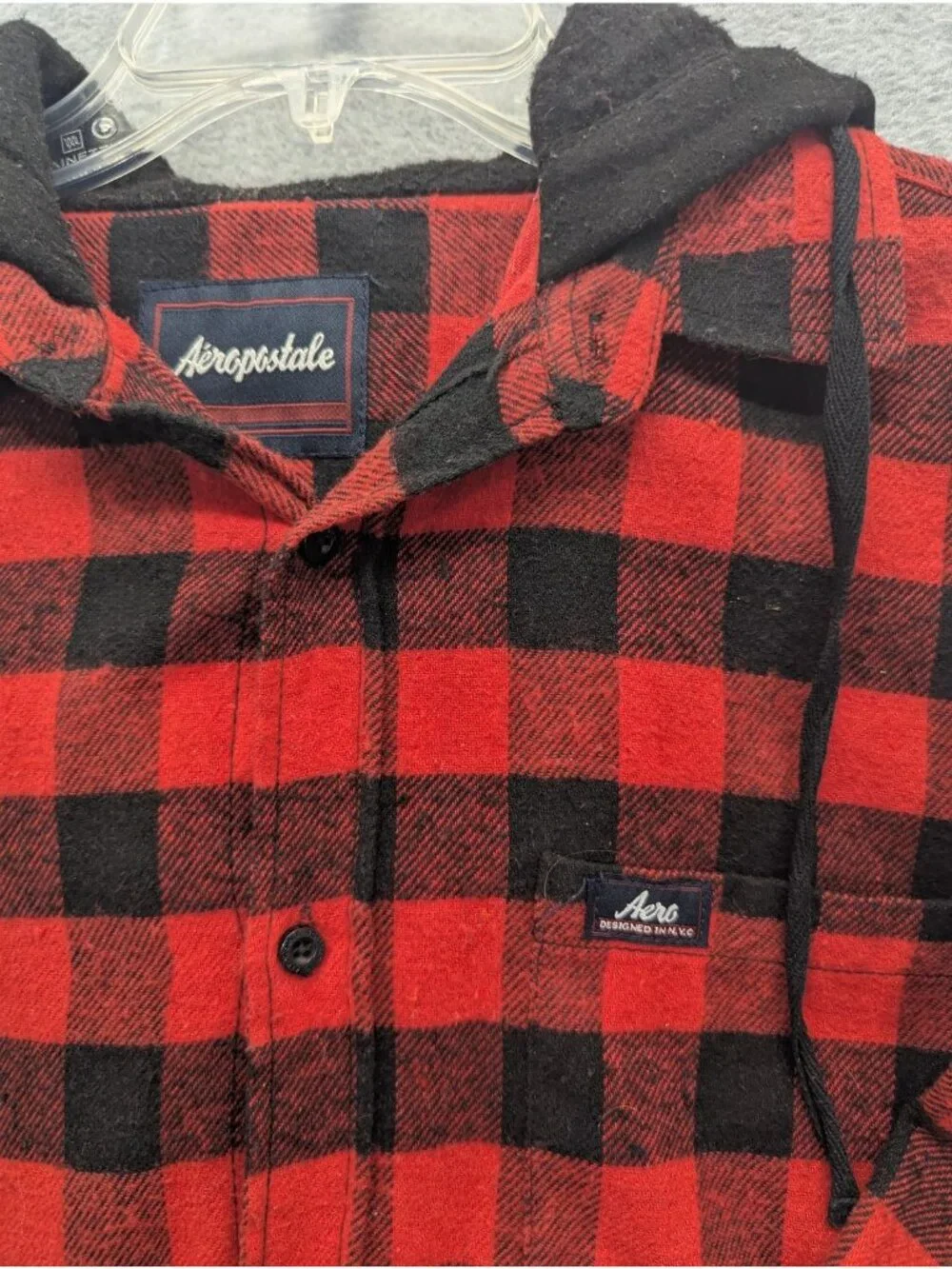 Aeropostale Shirt Mens Medium Red Black Plaid Flannel Hooded Button Up Casual